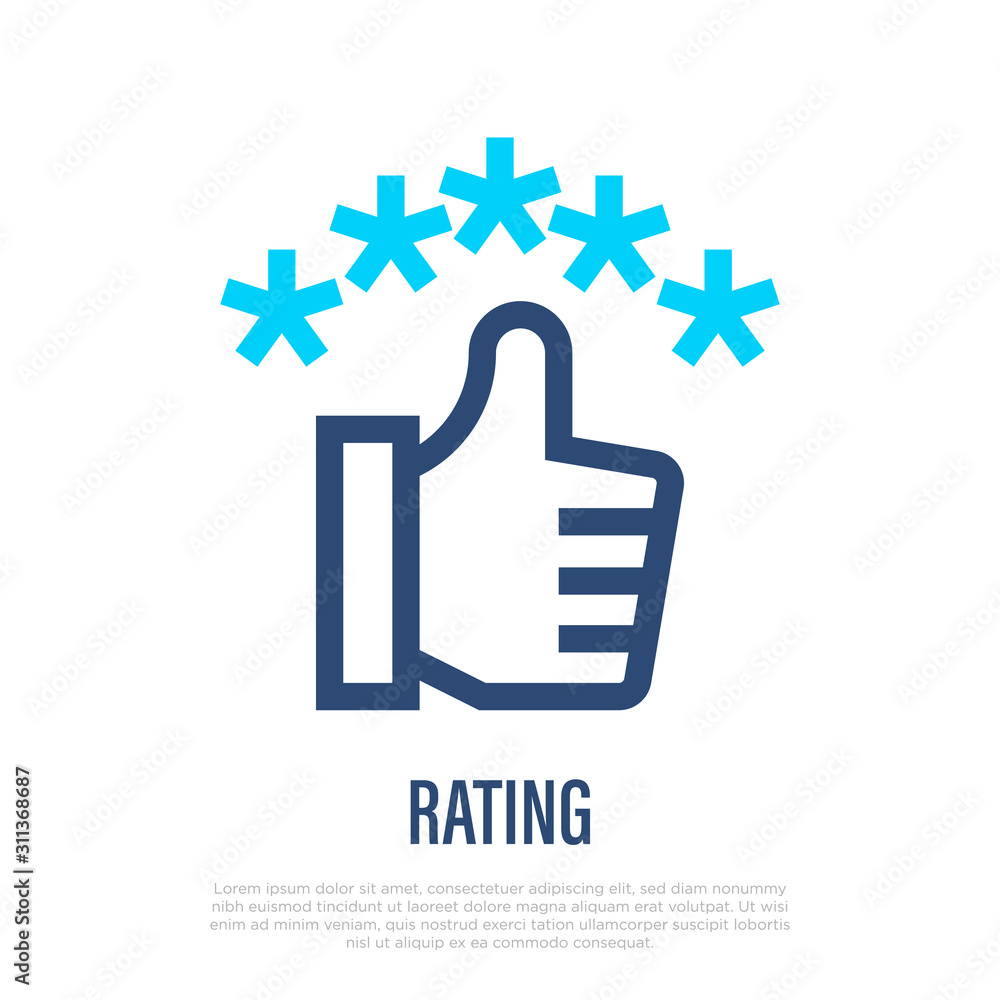 Rating thin line icon. Thumbs up and five stars above. Customer review sign. Vector illustration. Rating thin line icon. Thumbs up and five stars above. Customer review sign. Vector illustration.