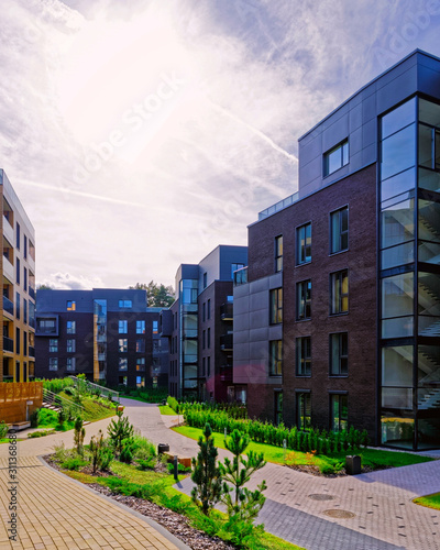 Modern european architecture of apartment residential building quarter reflex