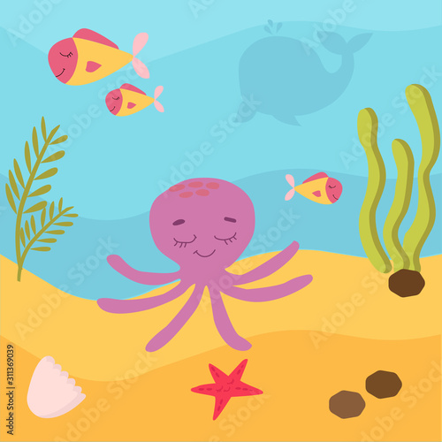 vector illustration. Underwater world, marine life of oceanic animals