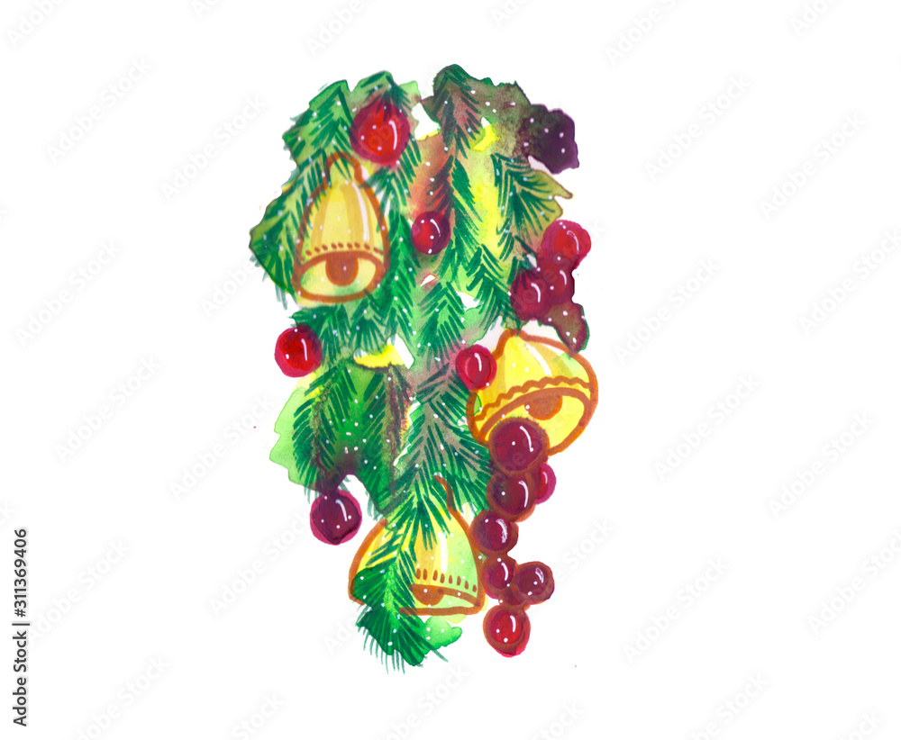 Christmas composition of spruce green branches, red balls and golden bells. Watercolor illustration on a white background.