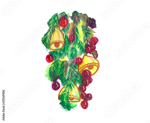 Christmas composition of spruce green branches  red balls and golden bells. Watercolor illustration on a white background.