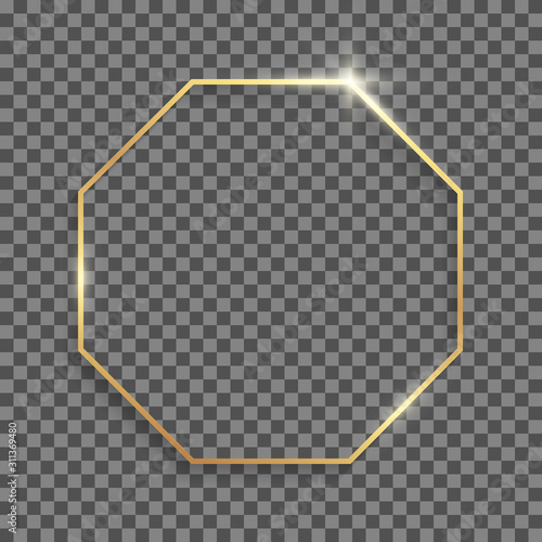 Golden octagonal frame with shadows and highlights isolated on a transparent background.