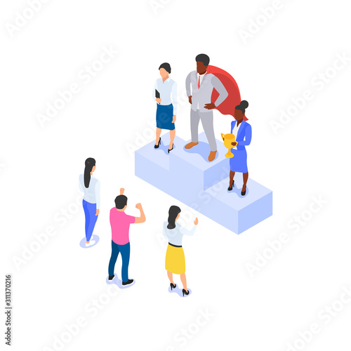 Concept of successful teamwork of creative people. Leadership, path to victory, creative dream team.
