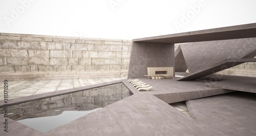 Abstract architectural concrete interior of a minimalist house with swimming pool. 3D illustration and rendering.