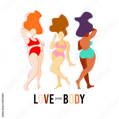 Love your body, body positive. Beauty diversity women in the flat style stock vector isolated illustration. Happy multiracial women of different figure type and size dressed in swimsuits, lingerie.