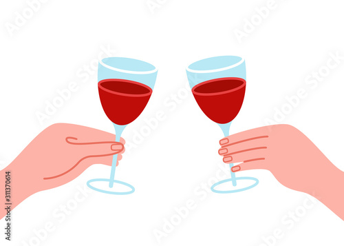 Two hands are holding glasses with red wine. Alcoholic drink for dinner, holiday. Vector illustration on white background.