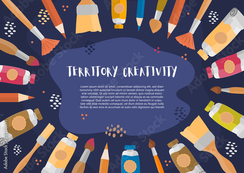 Vector banner, poster or frame background with hand drawn elements, paints, brushes, pencils and watercolor splash. Hand drawing illustration for design kids art, education, creativity class concept
