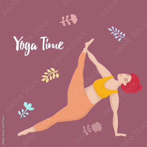 Vector illustration with happy asian an oversized woman in yoga position. Yoga time. Sports and health body positive concept for postcard, yoga classes t-shirt active healthy lifestyle