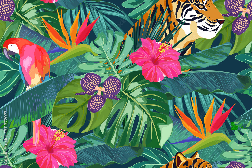 Summer seamless pattern with tropical palm leaves, flowers, parrot and tiger. Jungle fashion print. Hawaiian background. Vector illustration