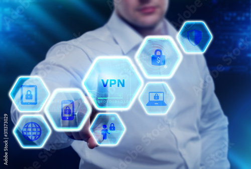 Cyber Security Data Protection Business Technology Privacy concept. Young businessman select the icon VPN on the virtual display.