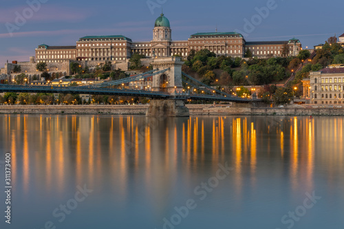 Sunrise in Budapest, Chain Bridge with the castle palace in the background.