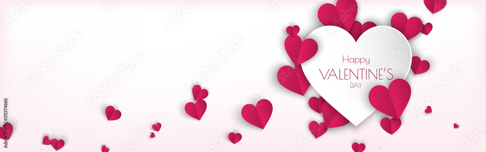 Horizontal background design with pink hearts paper cut style