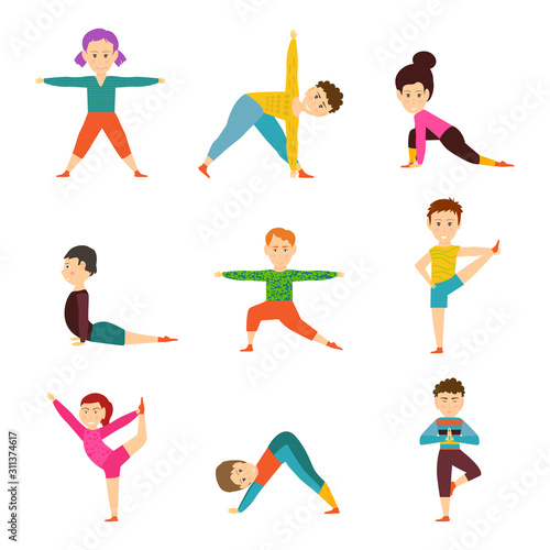Children in different yoga poses isolated on white background. Kids healthy lifestyle template