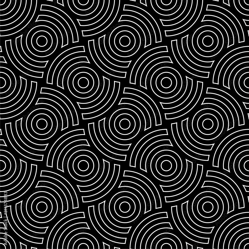 Line art circles seamless pattern. Black and white vector tileable background. Line art circles seamless pattern. Black and white vector tileable background.