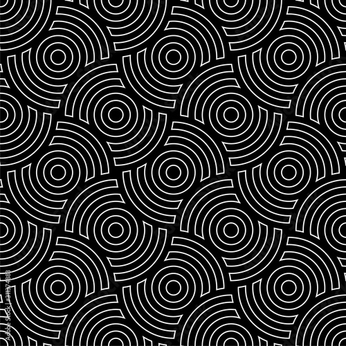 Line art circles seamless pattern. Black and white vector tileable background.
