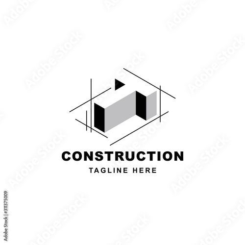 Construction logo design with letter T shape icon. Initial letter T on building symbol