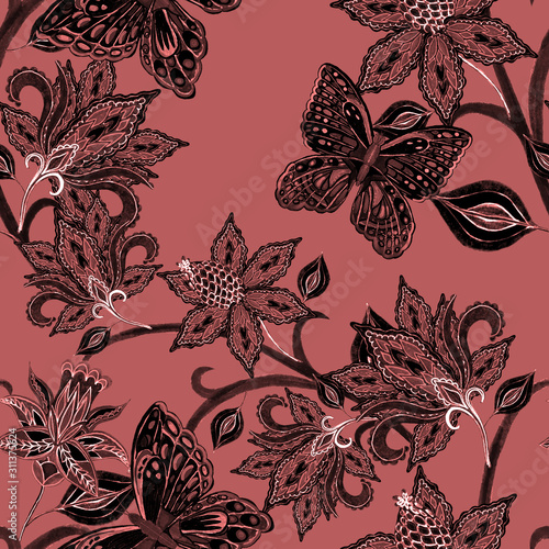 Watercolor seamless pattern with paisley fantasy flowers and butterflies in ethnic style. Floral decoration. Traditional paisley pattern. Textile design texture.Tribal ethnic vintage seamless pattern. photo