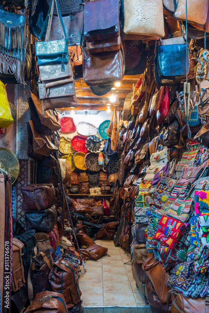 typical leather bag shop in marrakech