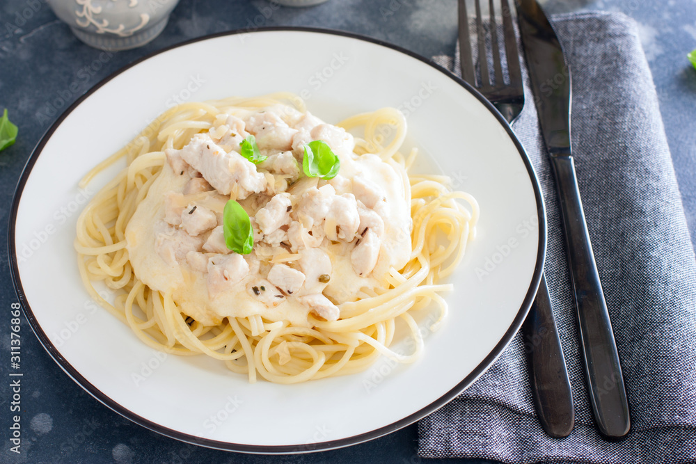 Spaghetti with chicken and cheese sauce on a white plate, horizontal
