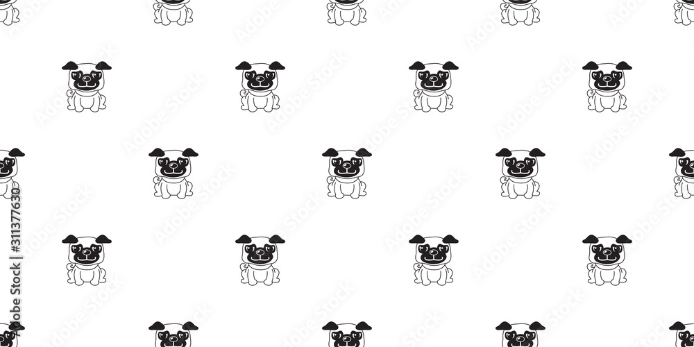 Vector cartoon character cute pug dog seamless pattern background for design.