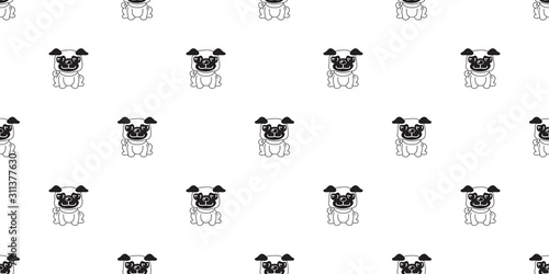 Vector cartoon character cute pug dog seamless pattern background for design. © jaaakworks
