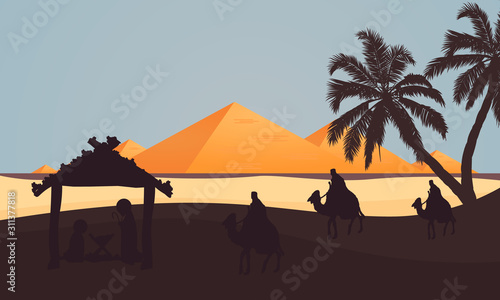 Jesus maria joseph in egypt  vector art illustration.