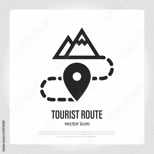 Tourist route thin line icon. Hiking path to mountain with pointer. Vector illustration for travel info.