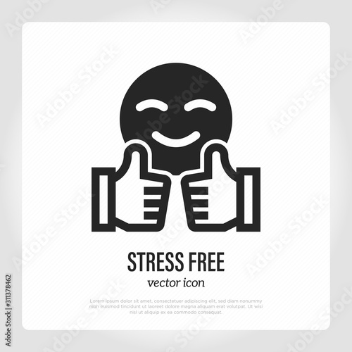 Stress free thin line icon. Thumbs up and smile. Good service symbol. Vector illustration.