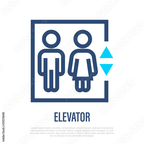 Elevator with people inside thin line icon. Vector illustration of public sign.