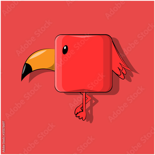 vector illustration of a red cube-shaped kawaii bird standing with a sharp humpback beak standing with a leg pressed on a red background