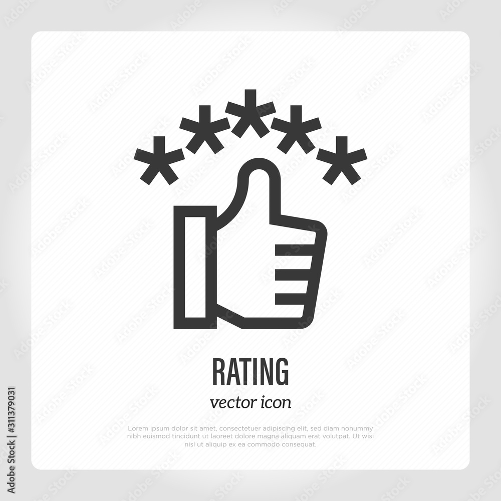 Rating thin line icon. Thumbs up and five stars above. Customer review sign. Vector illustration.