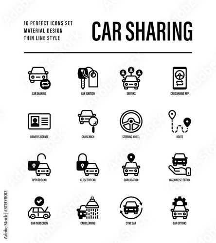 Car sharing set. Mobile app on smartphone, driver license, route, key, car inspection, route, open and close car, sync thin line icons. Vector illustration.