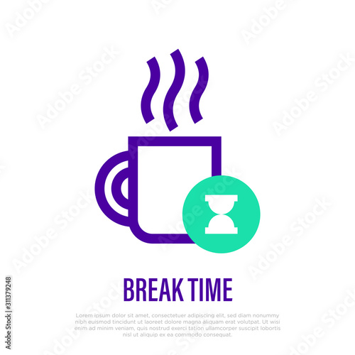 Break time thin line icon. Cup of hot coffee and hourglass symbol. Vector illustration.