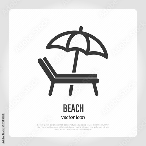 Beach sign: sunbed and umbrella. Thin line icon. Vector illustration for hotel.