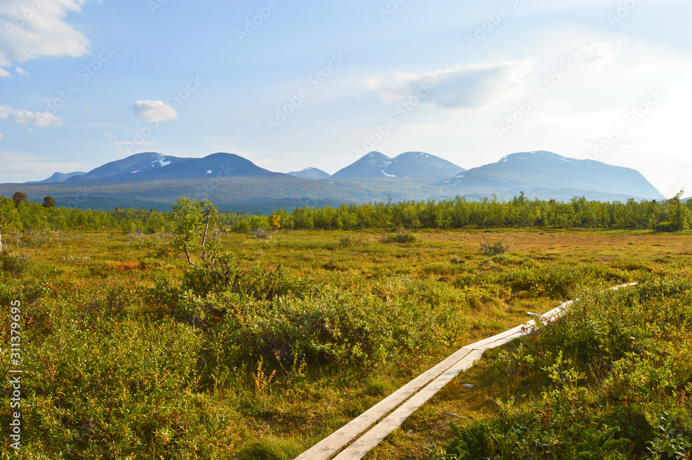 Beautiful nature and mountains during hike on kungsleden trail in national park Abisko, Sweden