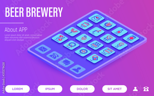Beer brewery web page template. Buttons on tablet with thin line isometric icons. Manufacturing, craft, tap, mug, tulip pint, wheat, hop, bottle opener. Vector illustration for bar or restaurant.
