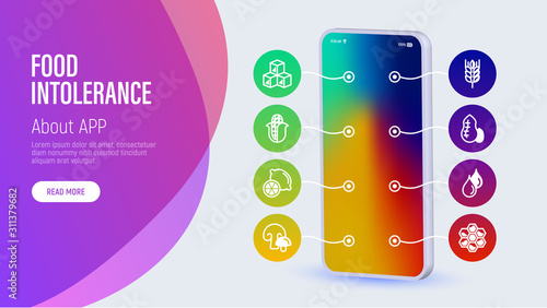 Food intolerance web page template with copy space. Mobile app on smartphone with thin line icons: gluten, corn,  peanut, trans fat, citrus, GMO, honey, mushroom. Vector illustration for packaging.