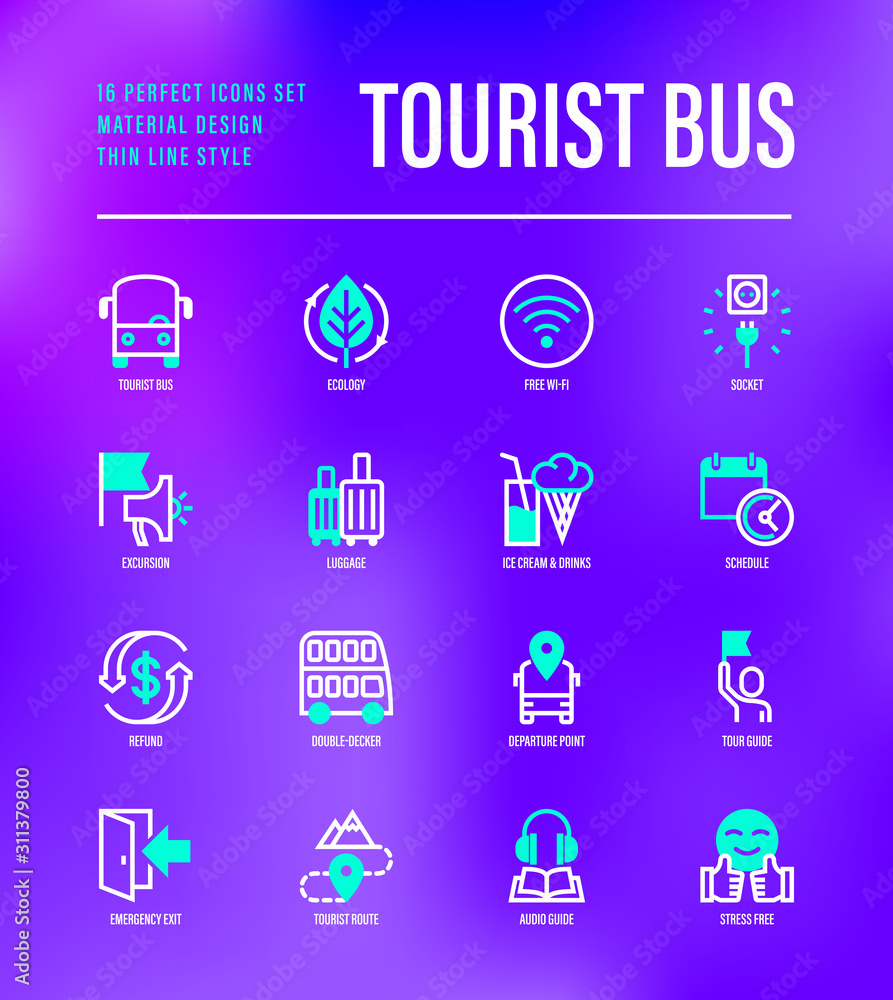 Tourist bus thin line icons set: free wi-fi, schedule, emergency exit, tourist route, departure point, socket, audio guide, luggage, refund, double decker. Vector illustration. Tourist bus thin line icons set: free wi-fi, schedule, emergency exit, tourist route, departure point, socket, audio guide, luggage, refund, double decker. Vector illustration.