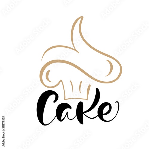Cake vector calligraphic text with logo. Sweet cupcake with cream, vintage dessert emblem template design element. Candy bar birthday or wedding invitation