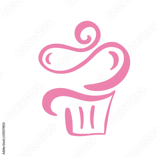Cake vector calligraphic logo. Sweet cupcake with cream, vintage dessert emblem template design element. Candy bar birthday or wedding invitation