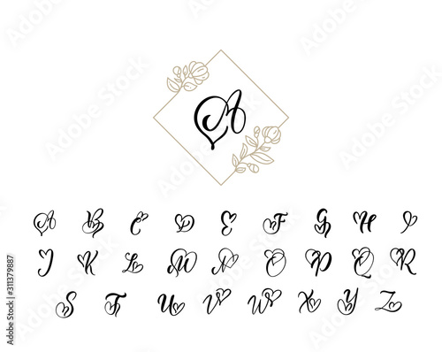 Handwritten heart calligraphy monogram alphabet. Valentine Cursive font with flourishes heart font. Cute Isolated letters. For postcard or poster decorative graphic design