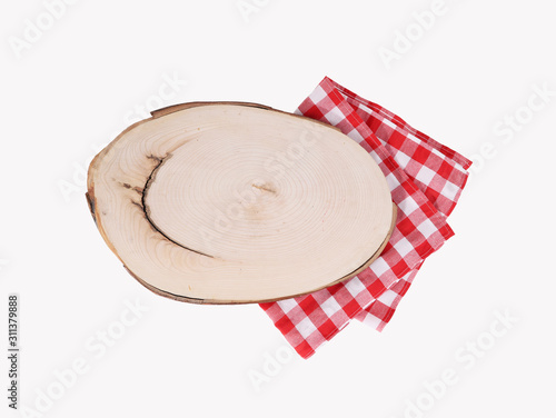 Red tablecloth and wood on white background