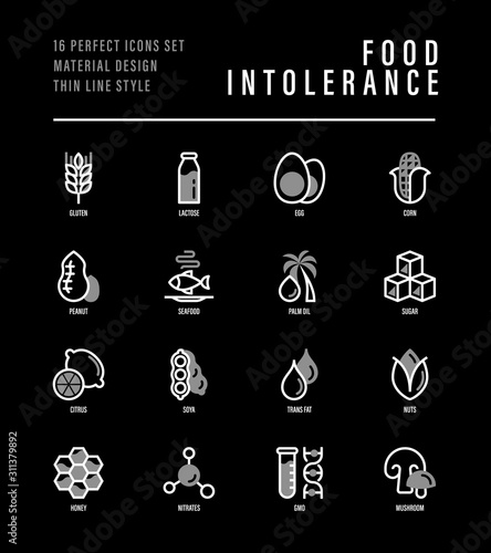 Food intolerance thin line icons set. Symbols of lactose, egg, gluten, corn, seafood, palm oil, peanut, trans fat, citrus, GMO, honey, mushroom. Vector illustration for black theme.