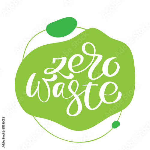 Zero Waste trendy green logo. Calligraphic vector text icon, sign or design element with abstract round element on white background