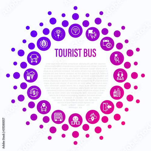 Tourist bus concept in circle shape. Thin line icons: free wi-fi, schedule, emergency exit, tourist route, departure point, socket, audio guide, luggage, refund, double decker. Vector illustration.