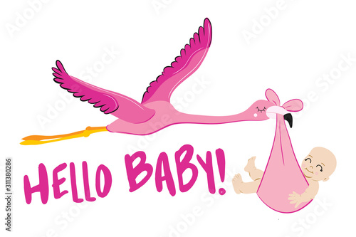 Hello baby - Baby Shower illustration with flamingo stork. Typography illustration for new borns.  Good for scrap booking, posters, greeting cards, banners, textiles, T-shirts, mugs or other gifts.