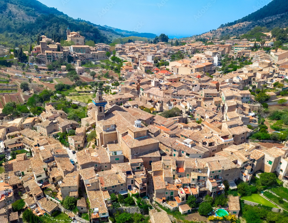 Valldemossa Mallorca Spain aerial panoramic view from the drone in Majorca island