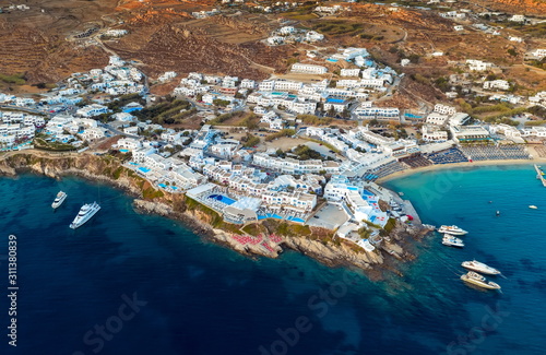 Mykonos Greece, aerial top wiev on the holiday resort Platis Gialos, sea and beach summer outdoors, Cyclades islands