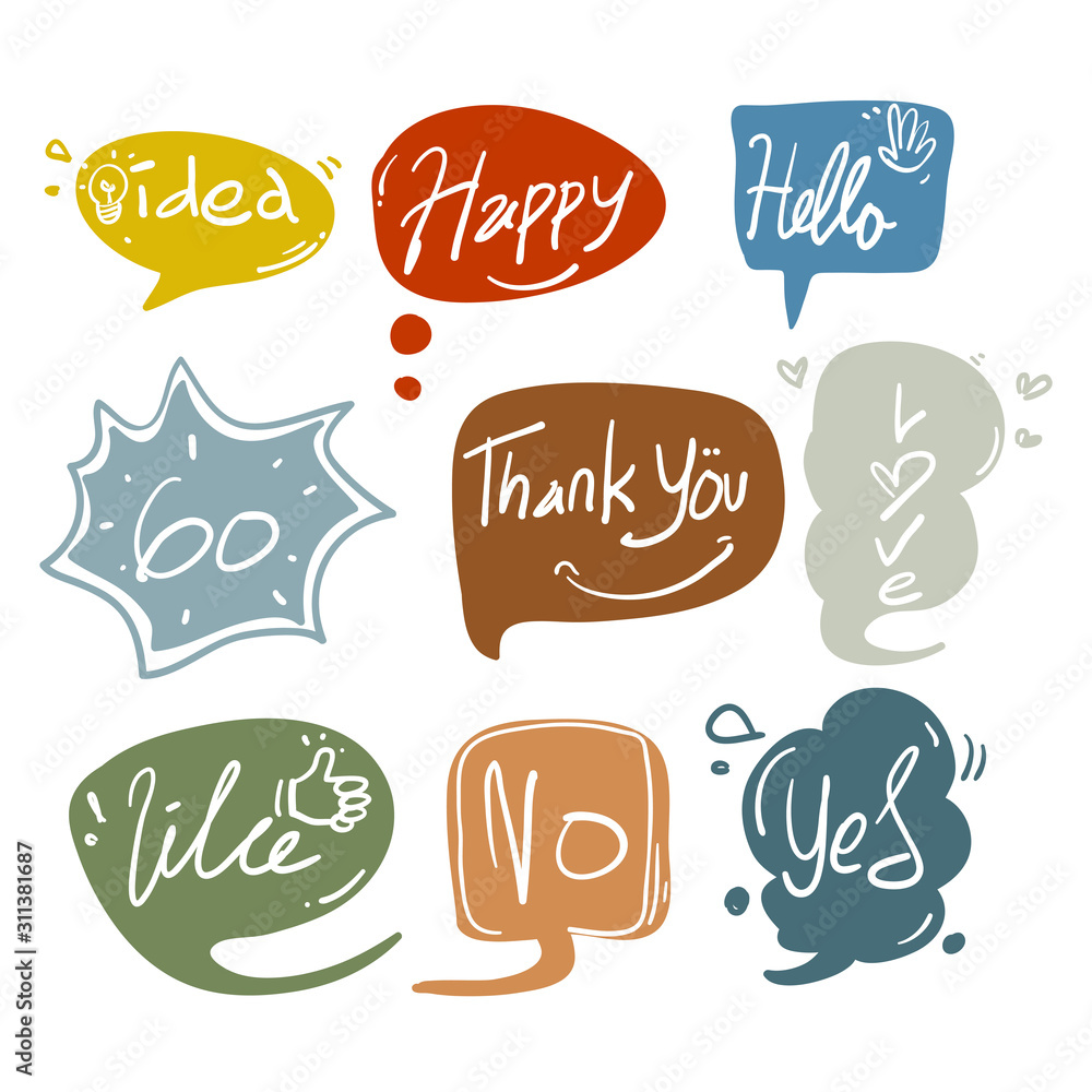 Set of color speech bubbles in drawn style. Dialog windows with phrases: Idea, Happy, Hallo, Go, Thank you, New, Like, No, Yes doodle vector isolated Set of color speech bubbles in drawn style. Dialog windows with phrases: Idea, Happy, Hallo, Go, Thank you, New, Like, No, Yes doodle vector isolated