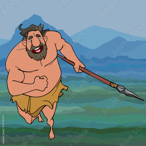 cartoon running ancient man neanderthal man with a spear in his hand